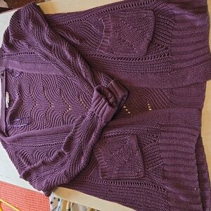 B26 Open Front Cardigan Sweater Pockets Pink Republic Size Md Eggplant Lacy